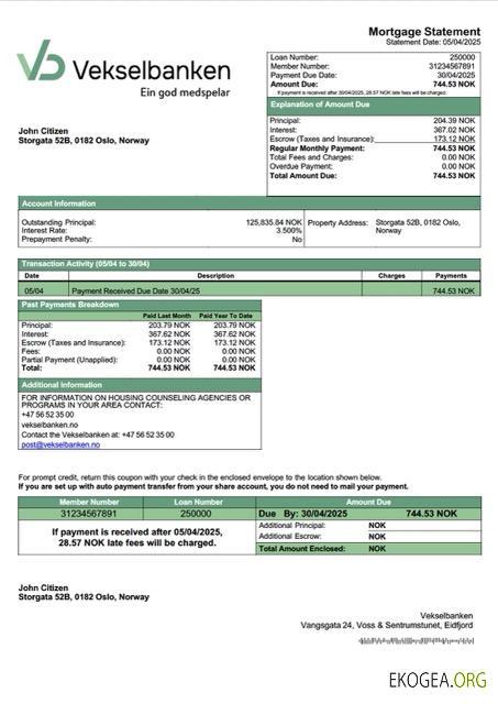 Modèle Word et PDF de relevé hypothécaire de la Vekselbanken de Norvège